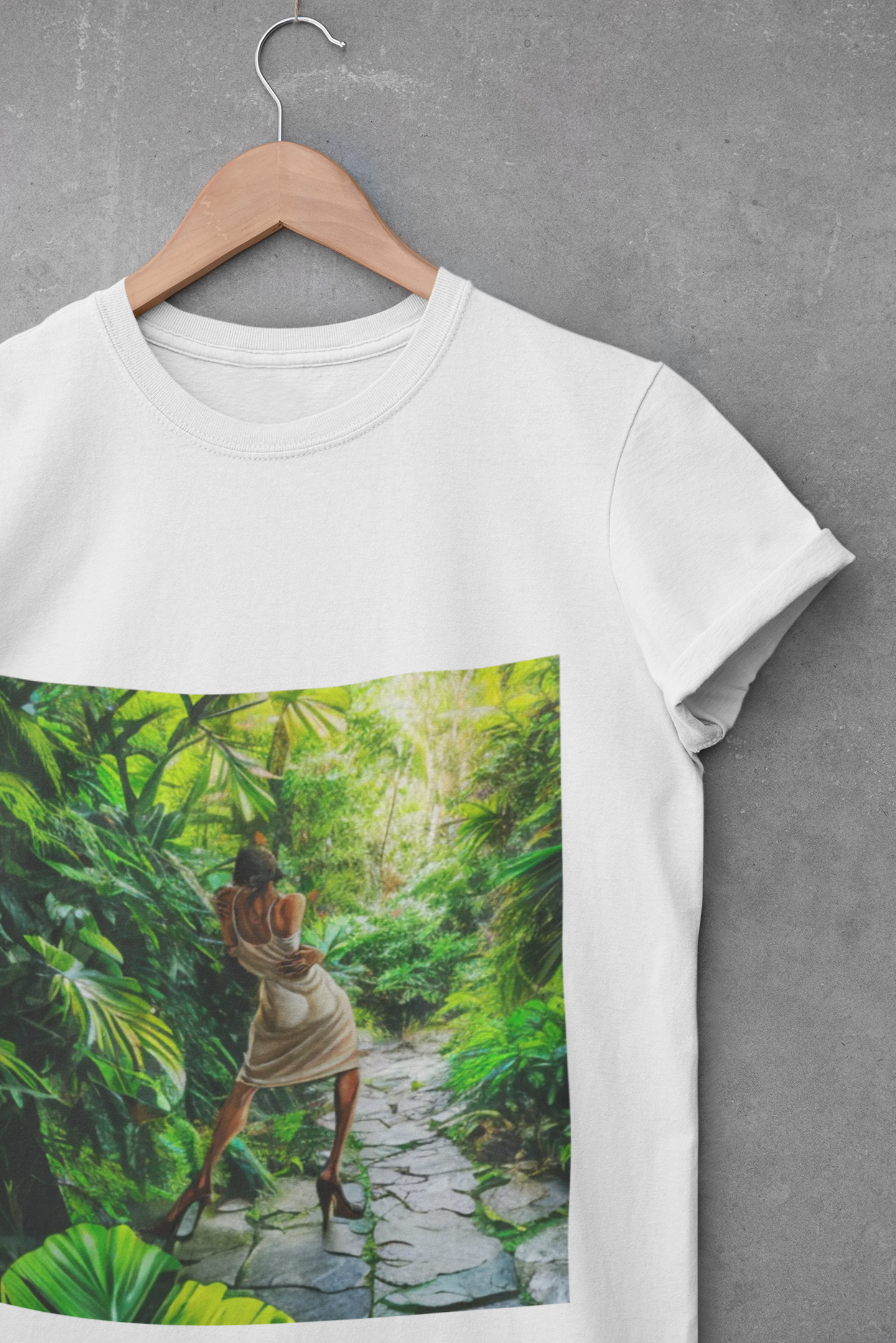 T-Shirt - Etre Vivant - Ernie Barnes “At Last” Portrait Inspired Woman in Tropical Backdrop Unisex Garment-Dyed Tee