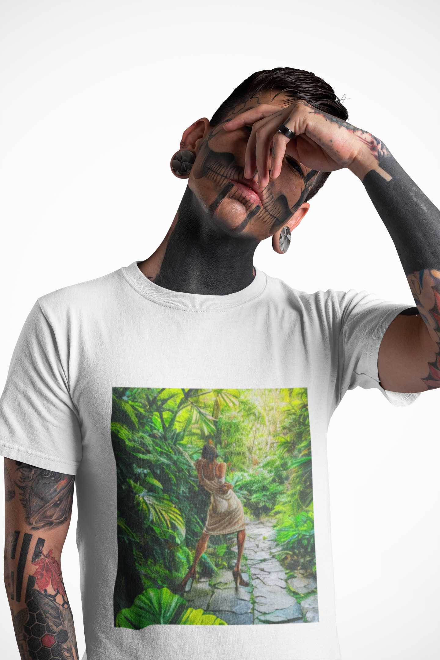 T-Shirt - Etre Vivant - Ernie Barnes “At Last” Portrait Inspired Woman in Tropical Backdrop Unisex Garment-Dyed Tee